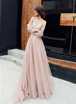 Picture of Light Pink Long Sleeves Tulle Formal Dresses, Pink A-line Formal Dresses Evening Gown